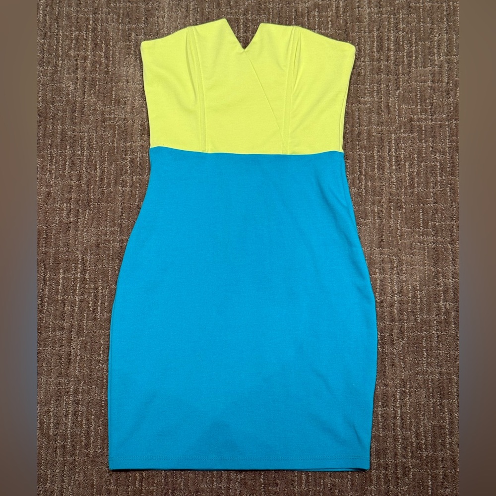 Colorblock Strapless Dress - Yellow and Turquoise